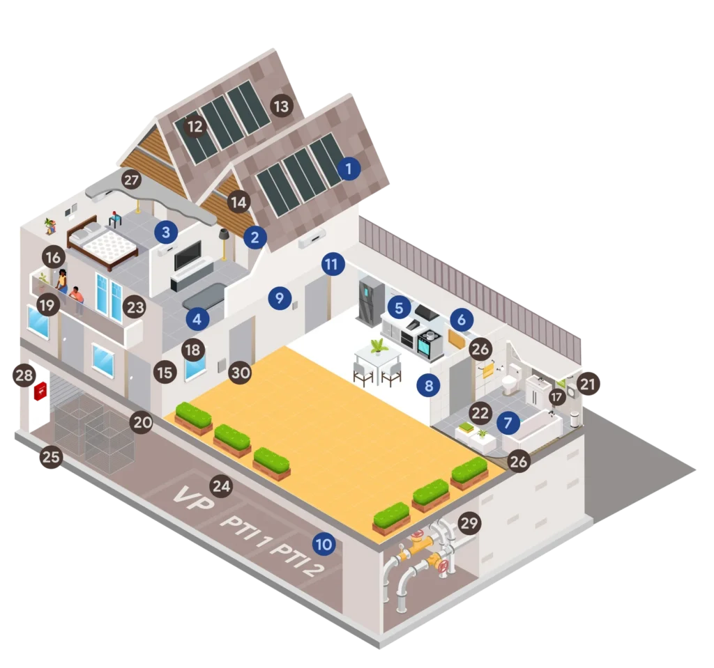 3D isometric view of a building, VP PTI 1 PTI 2, possibly showing strata scheme disrepair.