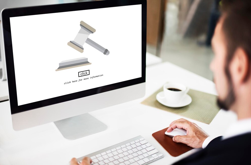 Person using computer, gavel icon displayed,