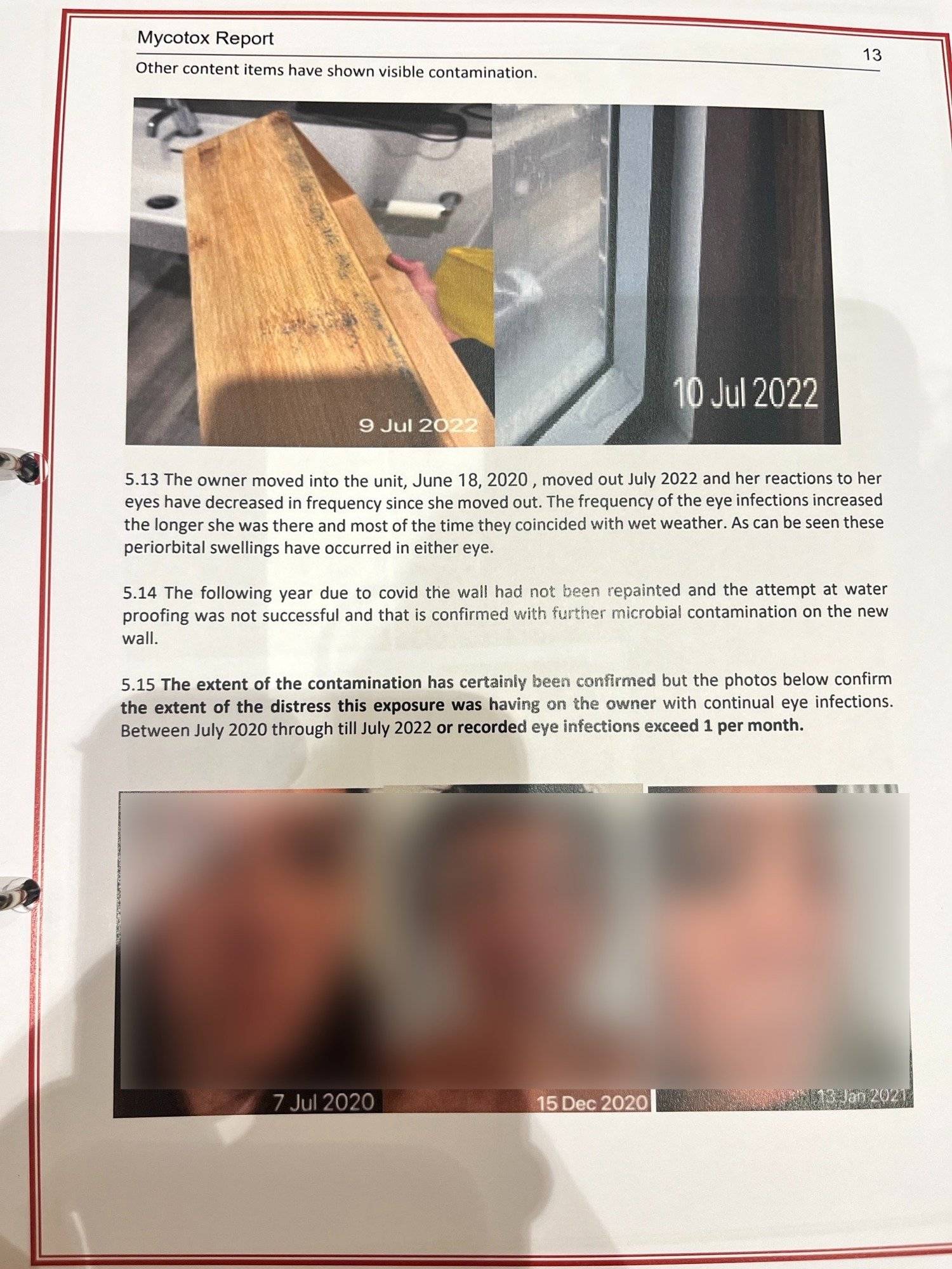 Mycotox report showing mould contamination and photos of eye infections. Text: "recorded eye infections exceed 1 per month.