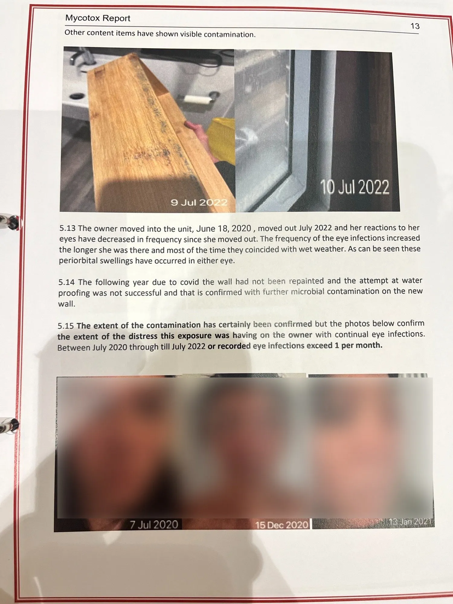 Mycotox report showing mould contamination and photos of eye infections. Text: 