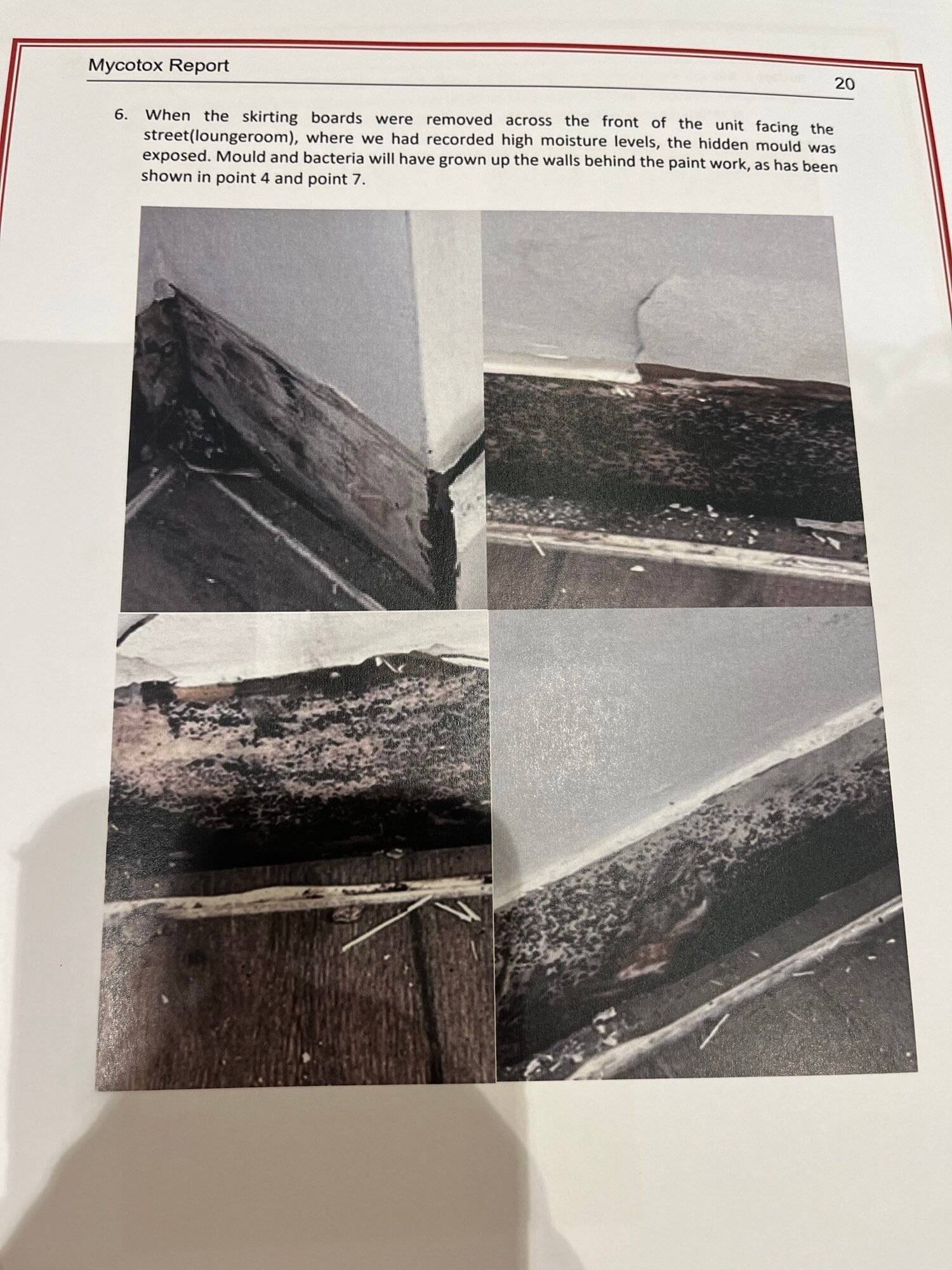 Mould found behind skirting boards in a strata apartment. Mycotox report showing mould growth.