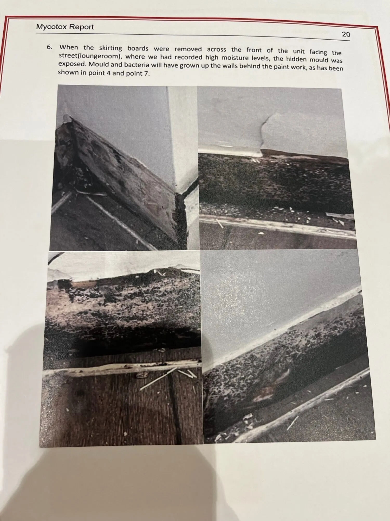 Mould found behind skirting boards in a strata apartment. Mycotox report showing mould growth.
