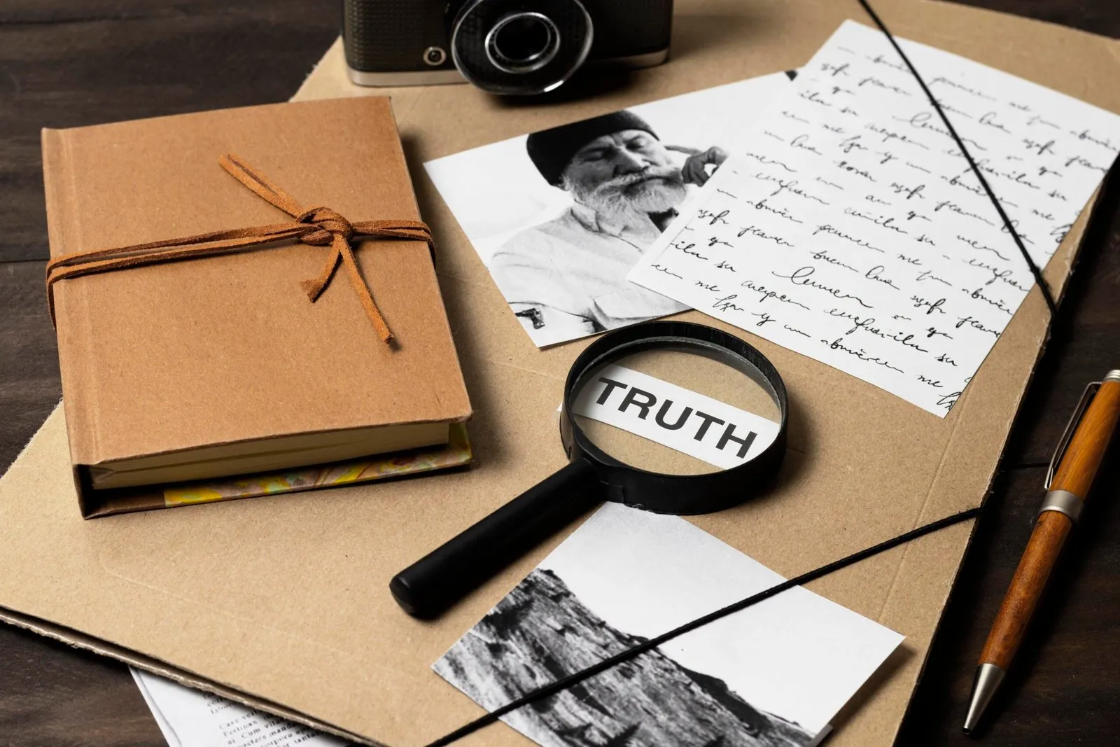 Magnifying glass on letters, photos, and journal; 