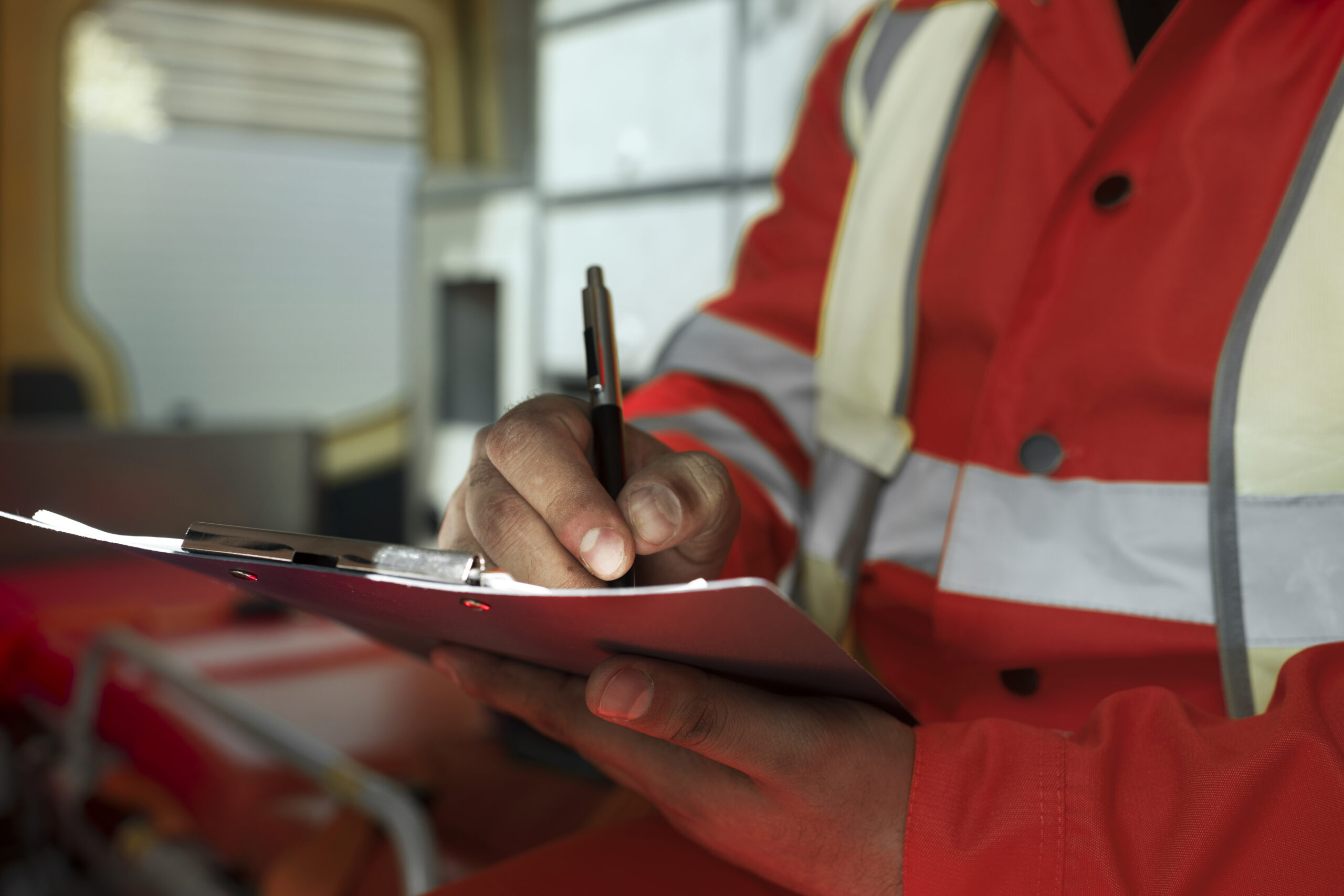 Inspector in orange safety gear reviewing paperwork indoors
