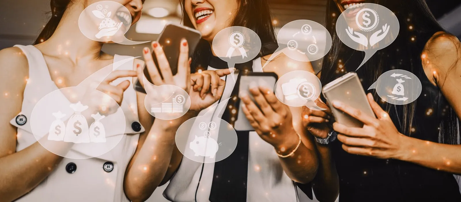 Women discussing finances on phones, money icons overlayed. NSW will disputes.