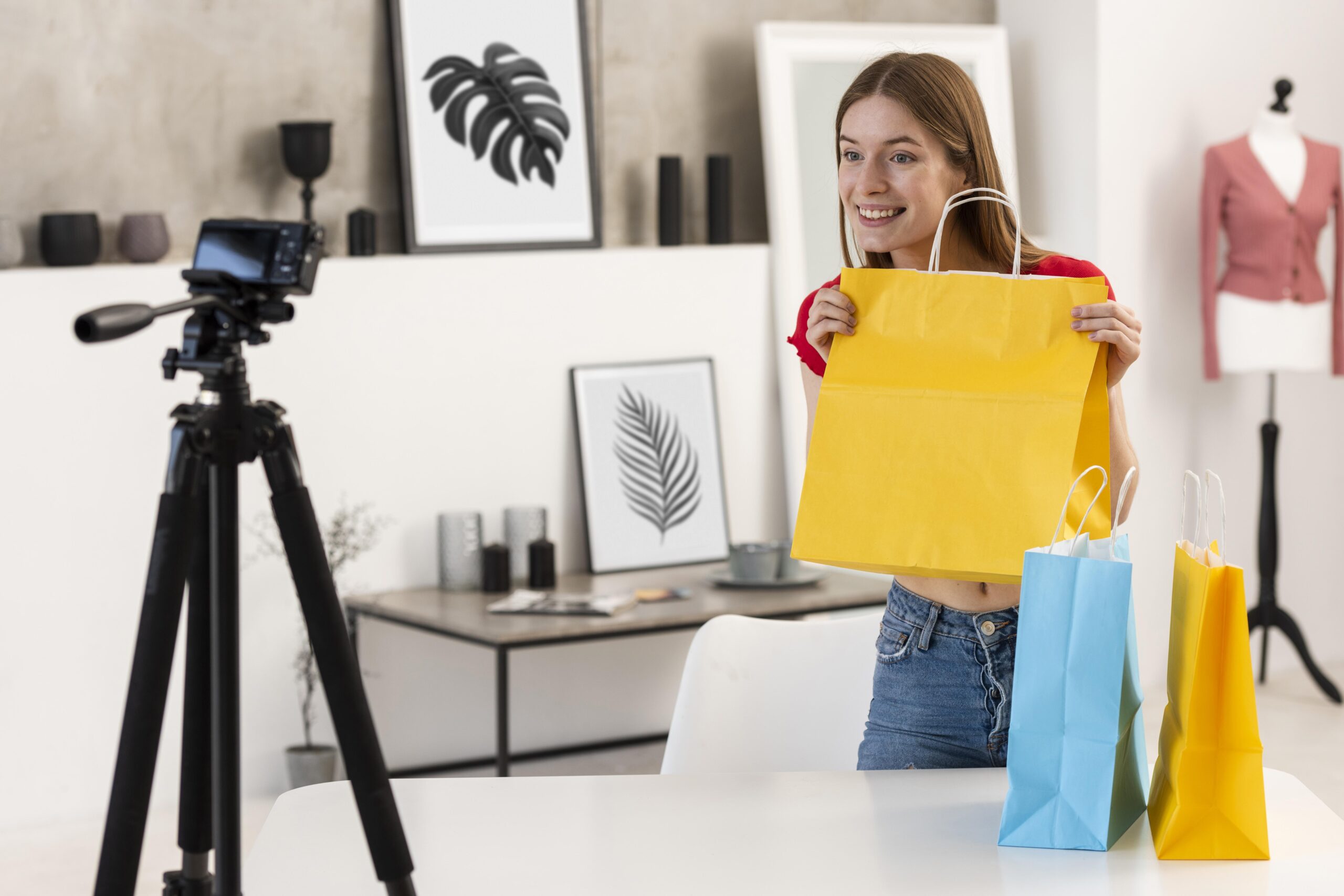 Young woman filming a haul video with shopping bags for her YouTube channel.