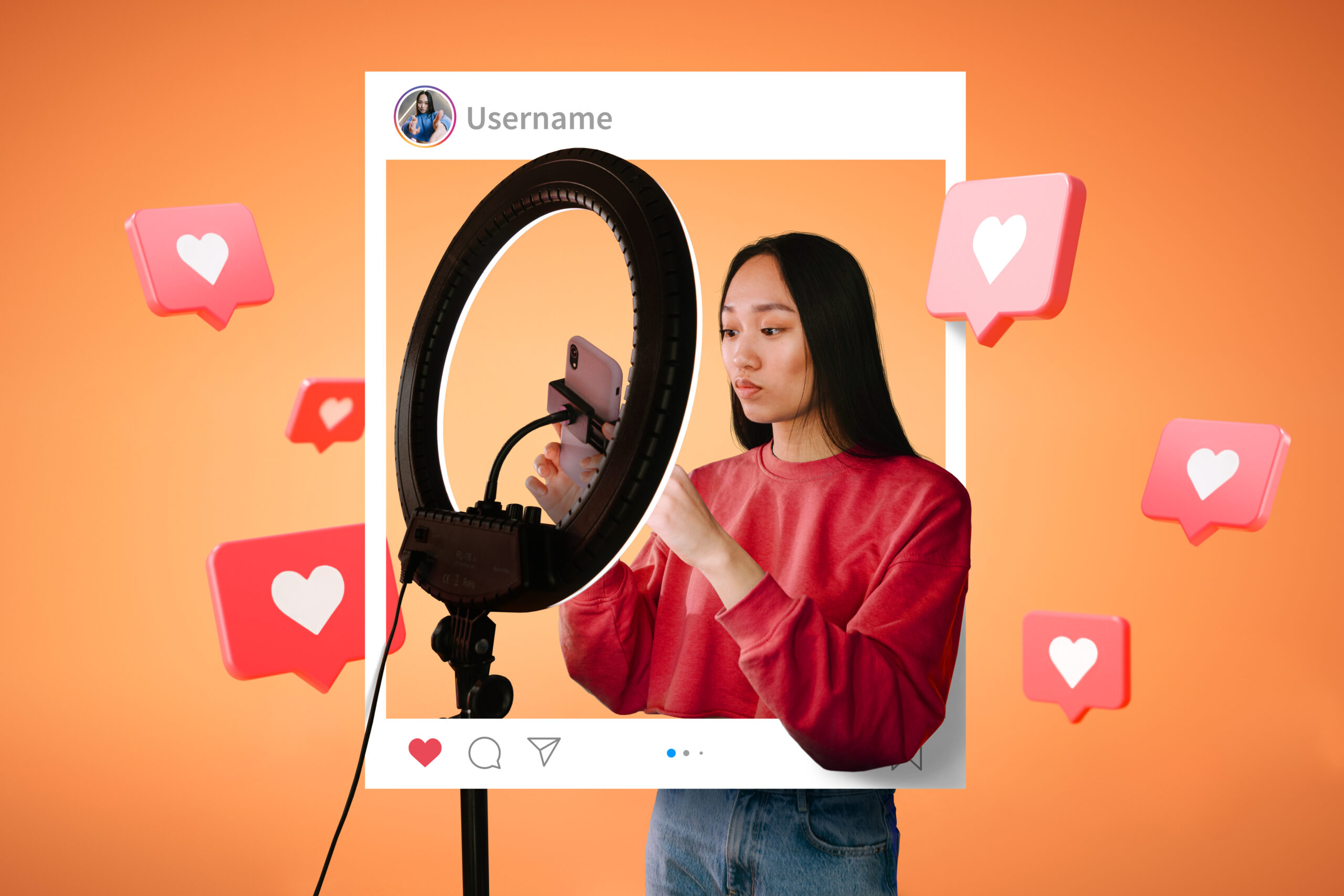 Asian woman filming with a ring light for social media content creation.