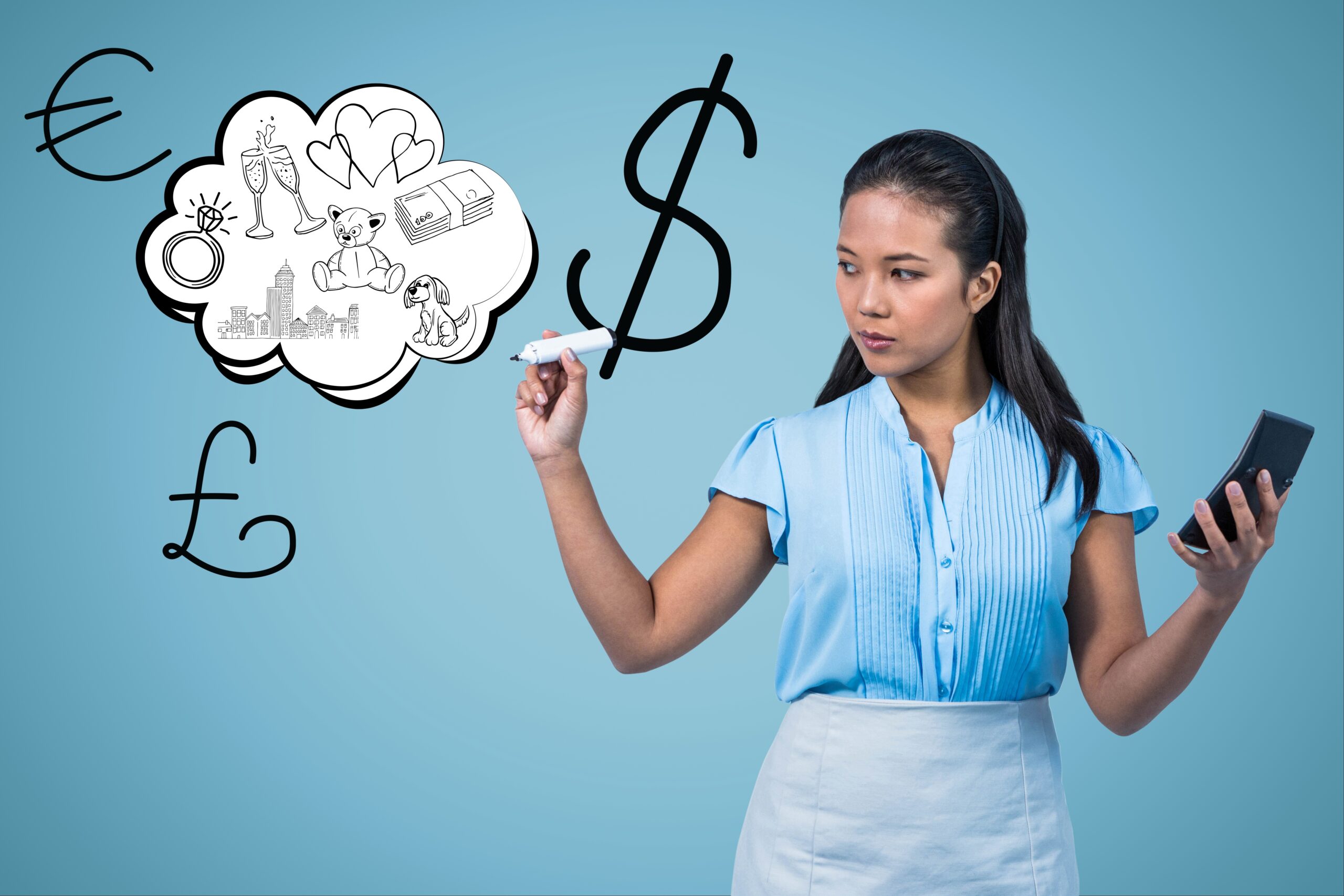 Woman with calculator dreams of money, symbols for Euro, Pound, Dollar. Crypto & NFT tax concept.